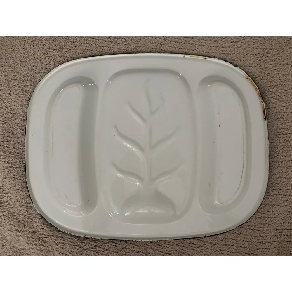 Vintage Blue Willow Enamelware Divided Meat Platter Tree and Well 18 Inch Tray